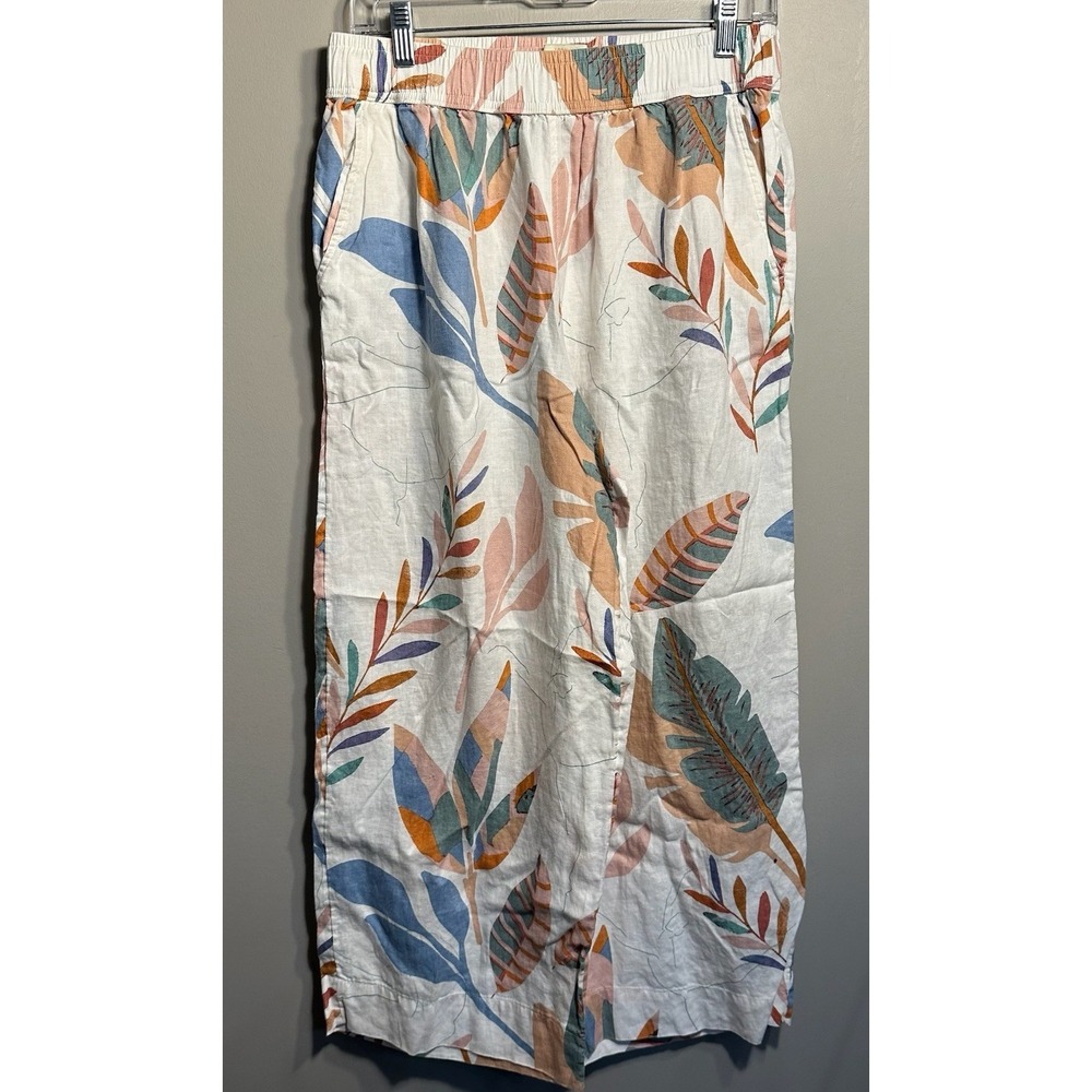 Cynthia Rowley Linen Floral Button Front Midi Skirt Size L Pockets Beach Casual